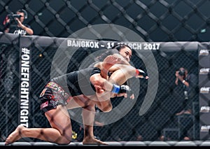 Rika Ishige Ã¢â¬ÅTiny DollÃ¢â¬Â of Thailand and Audreylaura Boniface of Malaysia in One Championship.